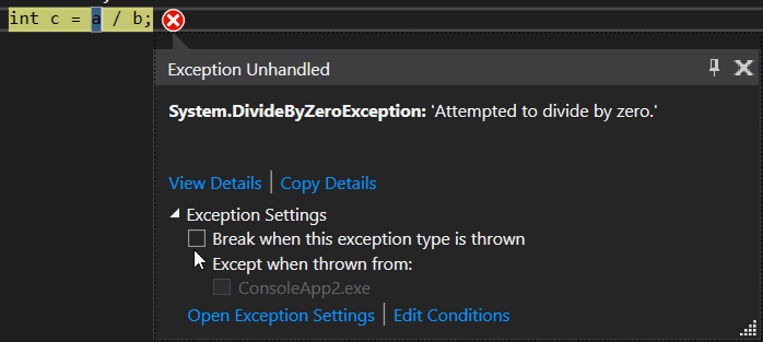 Unhandled exception screenshot